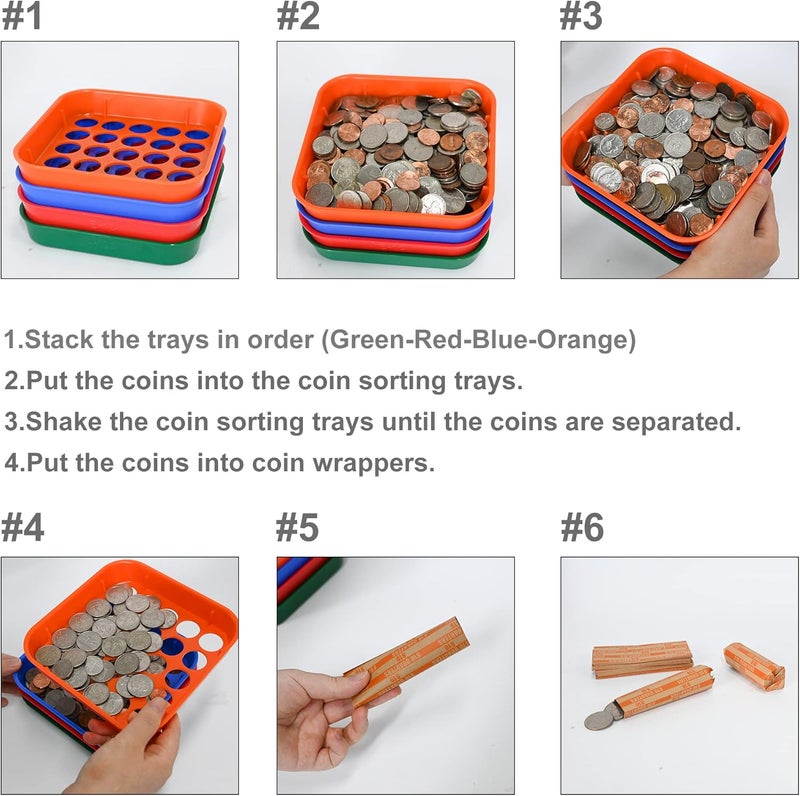 Essential Coin Sorters Tray, 4 Color-Coded Coin Sorting Tray with 160 Assorted Coin Roll Wrappers - Image 5